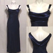 Aspeed USA Midnight Blue Satin Formal Gown Empire Waist Drape Back Long Dress XS