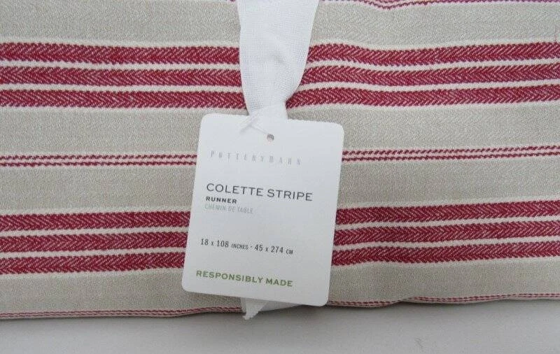 Pottery Barn Colette Stripe Cotton/Linen Table Runner 18" x 108" Red NWT - Image 2 of 4