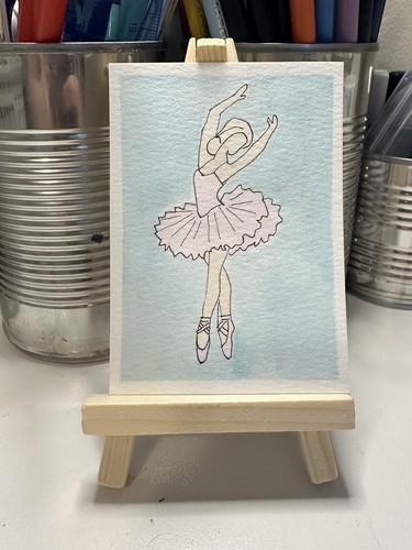 ACEO Ballerina Original Watercolor Art Card Ballet Fairy Fantasy Dance Bow Pink