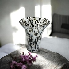 Vintage Black White Spatter Art Glass Vase 7  Flared Hand Blown Confetti Flared