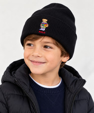 NWT Polo Ralph Lauren Kids Black Polo Bear Knit Beanie Hat Winter Cuffed Cap
