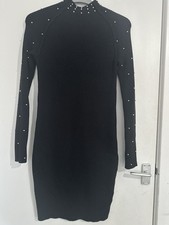 ASOS Black Ribbed Knit Silver Stud Embellished Bodycon Dress Size UK 12