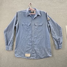 Bulwark FR Men Button Up Shirt LARGE Blue Workwear Long Sleeve Flame Resistant