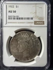 1922 Peace Silver Dollar NGC AU50 Certified Better Grade Peace Dollar