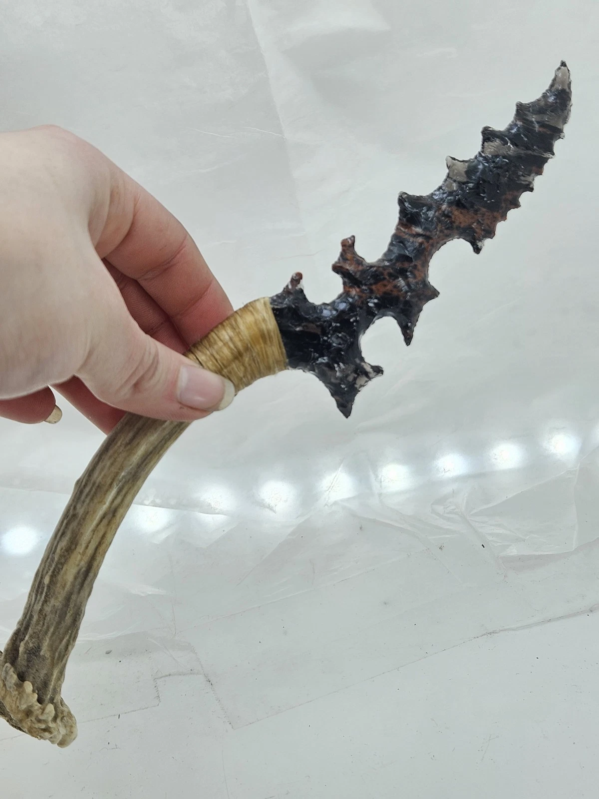 Hand Knapped Triple Flow Obsidian Knife - Serrated Fantasy Blade - Antler Hilt