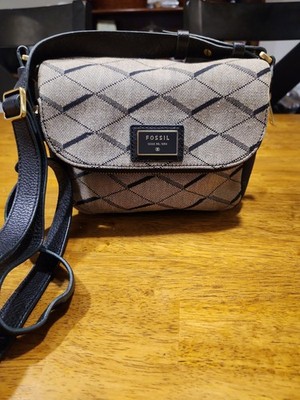 Fossil Preston Crossbody BagBlack Tan Diamond Jacquard Canvas Leather Expandable