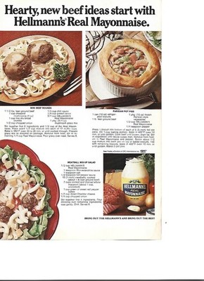 Hellmann's Real Mayonnaise Hearty Beef Ideas 1975 Vintage Magazine Print Ad