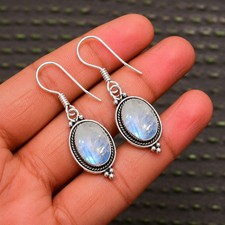 Rainbow Moonstone Statement Earrings 925 Sterling Silver Oval Cabochon Dangle