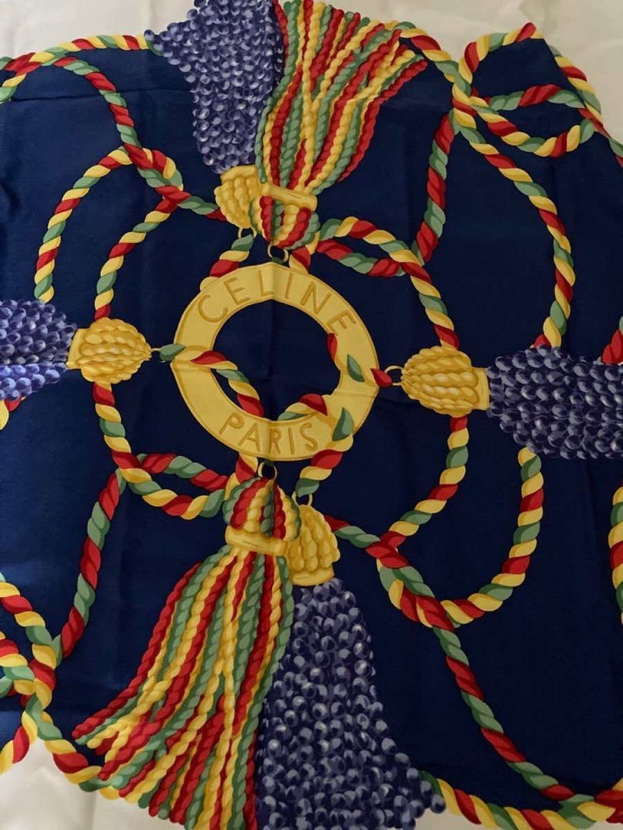 CELINE large scarf 85cm 33″ square silk Tassel navy | eBay