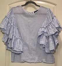 Style Mafia Women's Light Blue/White Striped Blouse,Huge bell ruffle sleeves L
