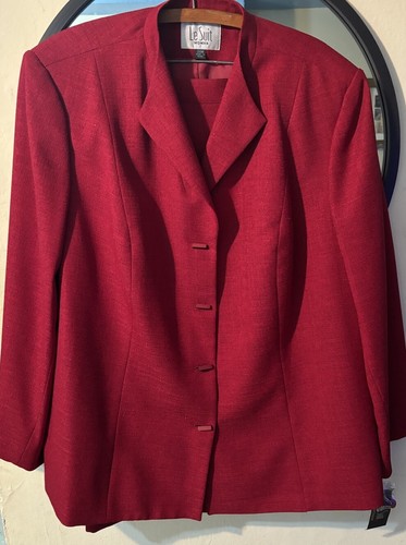 Le Suit Woman Plus 24W Burgundy Red/ Long Sleeve Blazer Jacket Skirt 2 PC