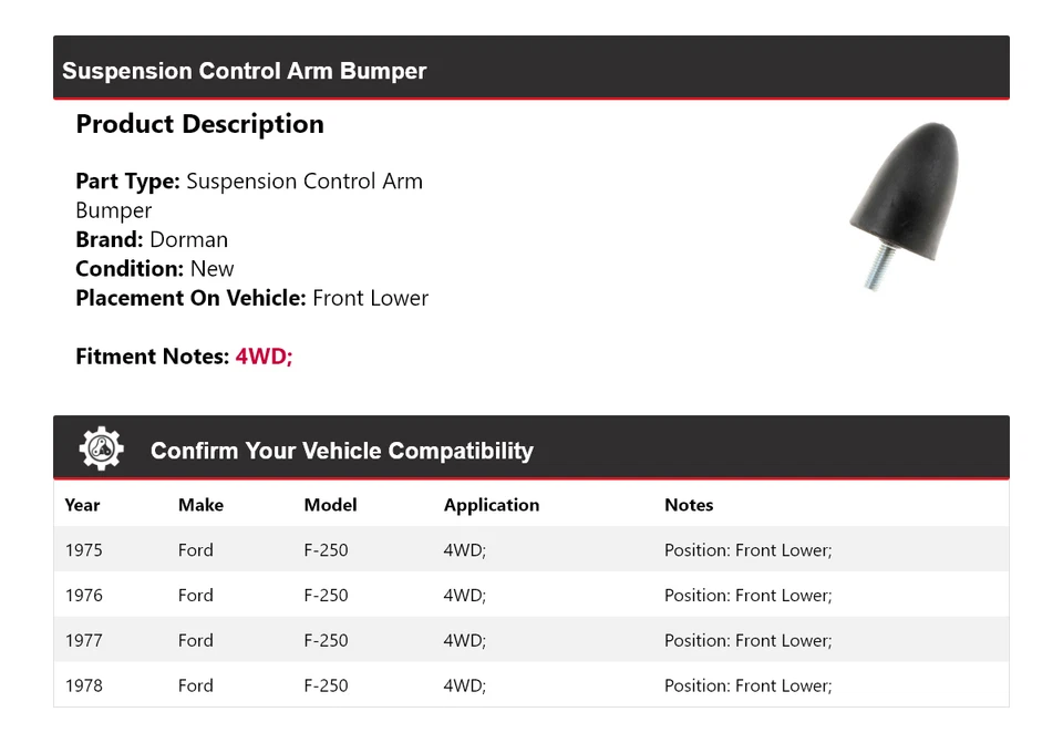 For 1975-1978 Ford F-250 4WD Dorman Suspension Control Arm Bumper Front Lower - Image 2 of 4