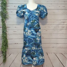 Vintage 80's Hawaiian Luau Polynesian Muumuu Blue Tulip Palm Hibiscus Medium