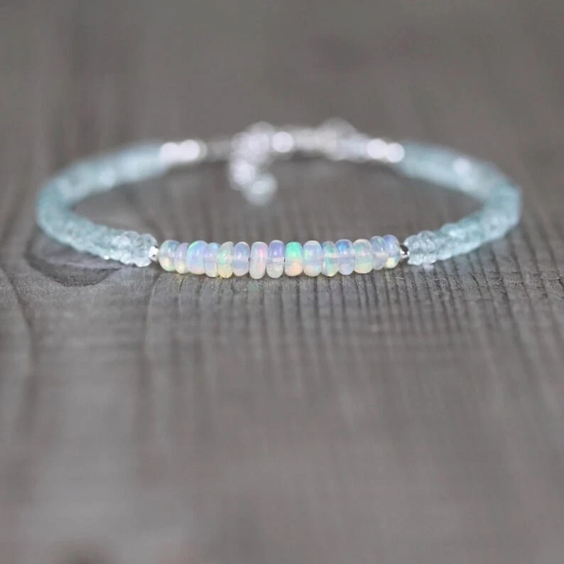 Natürlicher Opal & Aquamarin facettierte Rondelle Edelstein Perlen Frauen Arm... - Bild 3 von 4