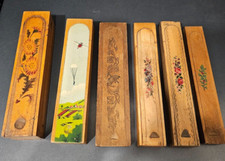 6 wooden vintage pencil boxes SLIDER doors KEY 2-tier Flowers Aviation balloon