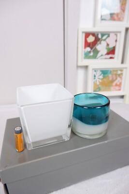 Schnittlauch türkis mundgeblasen Glas blau weiß Vase Pflanztöpfe Wohndeko Kerze ho
