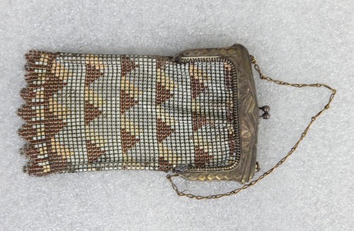 Vintage 1920s Whiting & Davis mesh enamel metal coin purse bag tan brown
