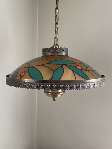 Vtg 1960’s MC Faux Stained Glass Saucer Hanging Pendant Light Chandelier