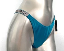 Victoria's Secret Swim Bikini Bottom Cosmo Blue Shine Logo Strap Brazilian Large