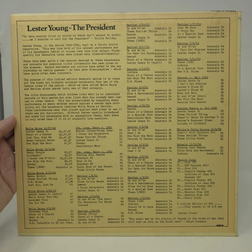 Lester Young "The President" Vol. 4 Of 6 Ambrosia Jazz Record Album Vinyl Rare - Image 2 of 4