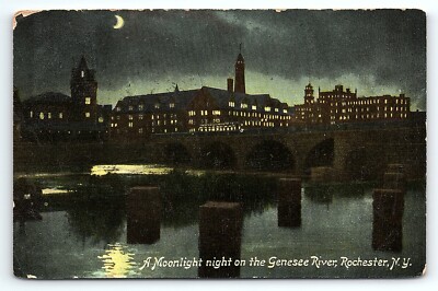 1911 ROCHESTER NEW YORK MOONLIGHT NIGHT ON THE GENESEE RIVER POSTCARD P6398