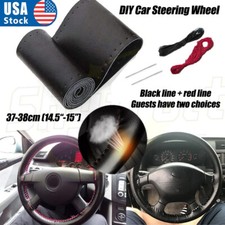 Genuine Leather DIY Car Steering-Wheel Cover Anti-slip For 15"/38 cm-Black US