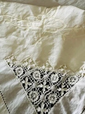 Vtg Linen Tablecloth  Lace Drawn Thread Work Raised Embroidery 42" x 42" Topper