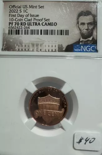 2022 S 1C PENNY 1ST DAY OF ISSUE 10-COIN CLAD PROOF SET NGC PF70 RD UCAM