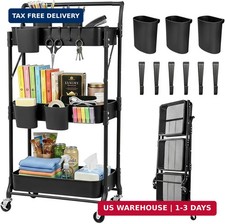3 Tier Foldable Rolling Cart with Wheels, Folding Utility Cart Organizer, Collap