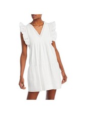 AQUA Womens White Lined Pintucked Bodice Pullover Flutter Sleeve Mini Dress SZ L