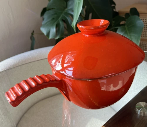 Frankoma 5FD Covered Casserole Pot Red Orange Mid-Century Pottery Lid Handle Exc