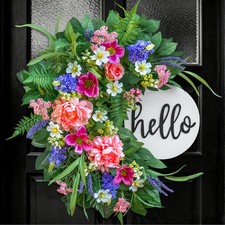 24 Inch Spring Wreath for Front Door with Wooden Welcome Sign, Artificial Peo...