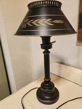 Vintage Black Gold Tole  21” Table Lamp Metal Toleware with 12" Diameter Shade