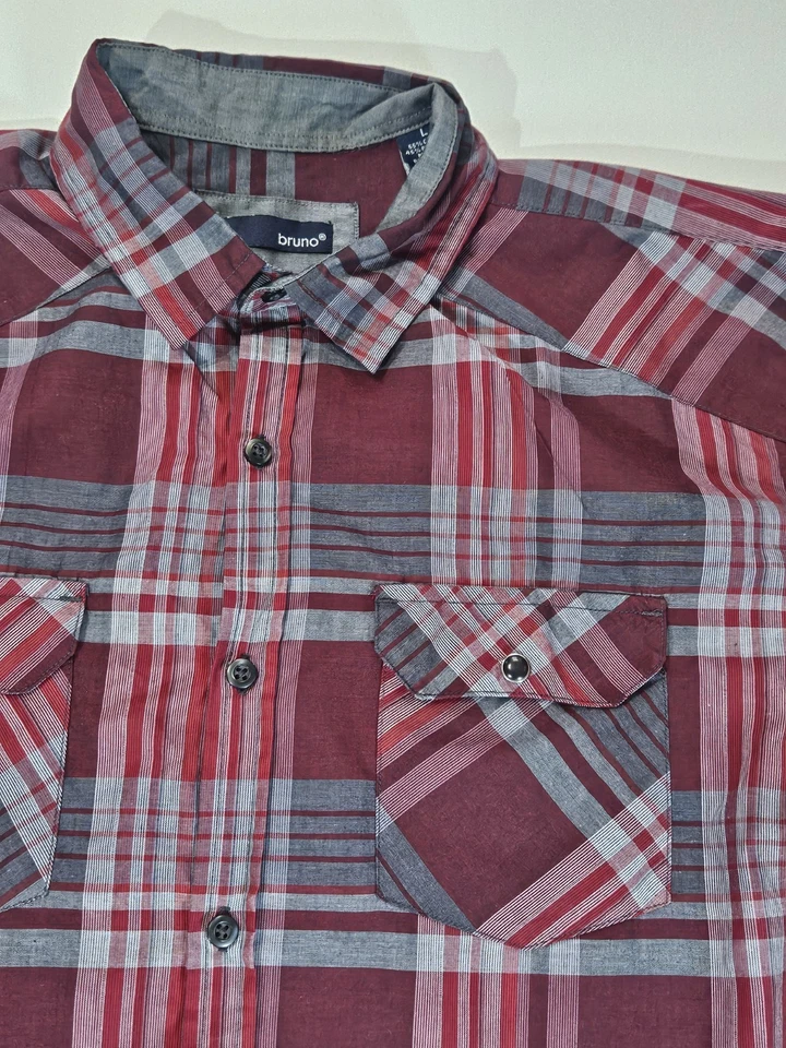 Bruno Mens Button Down Large Red Plaid Classic Casual Outdoor Performance Shirt - Image 4 of 4