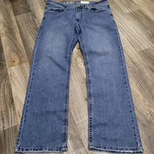 T.K. Axel Jeans Mens 34x32 Blue Relaxed Straight Leg Denim Medium Wash Work Logo