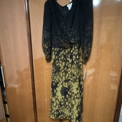 DKNY Leopard Print Chiffon Midi Dress Black Olive Size 14 V-Neck Balloon Sleeve