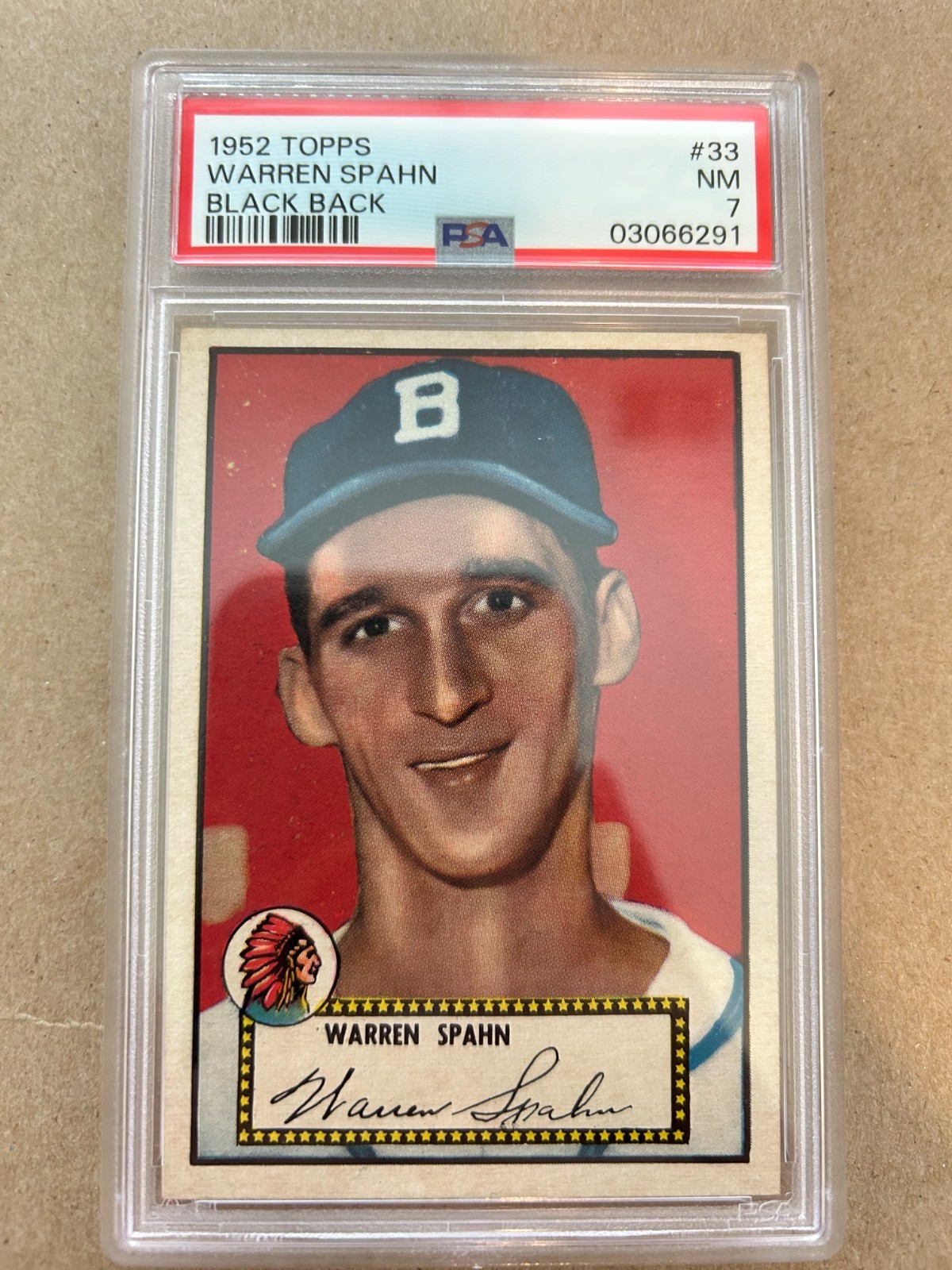 1952 Topps #33 Warren Spahn Boston Braves HOF Black Back PSA 7 NM