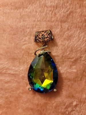 Vintage Oversized Faceted Emerald Green Teardrop Pendant. Mirrored Backside.  4''