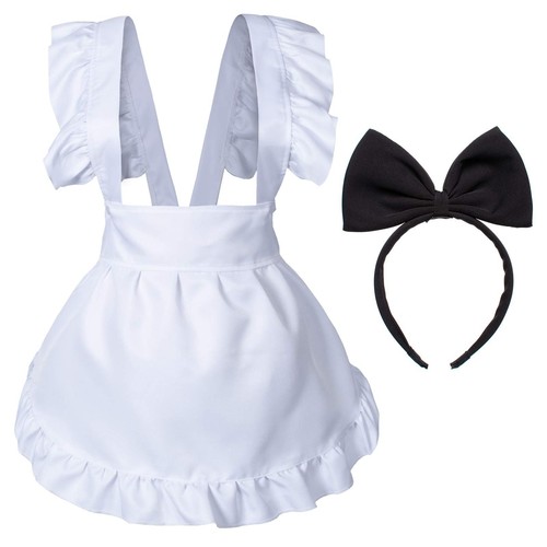 Fancy Cute White Frilly Adorable Maid Waitress Aprons Vintage Costume Bow Hea...