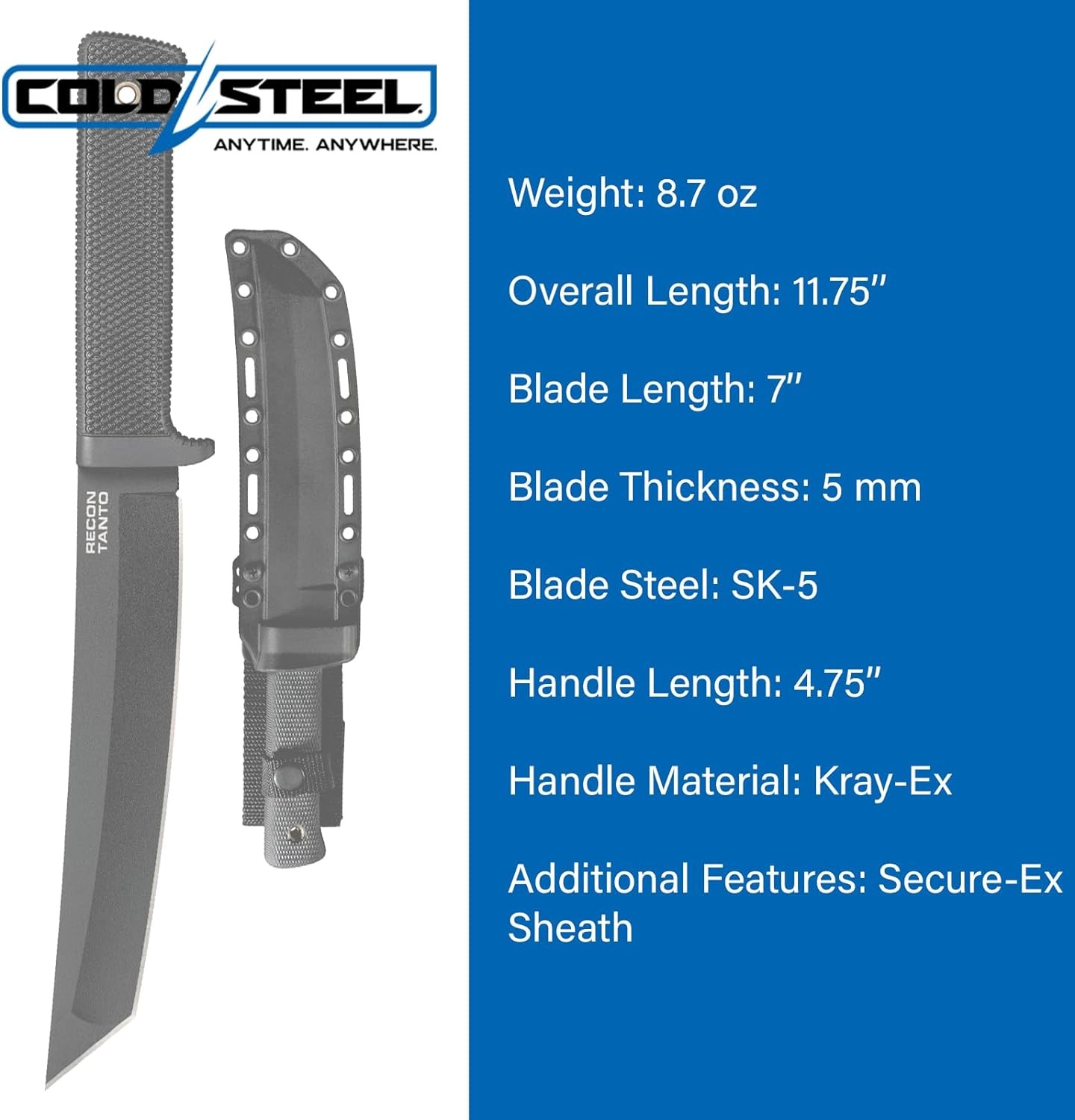 COLD STEEL Recon Tanto 7" SK-5 Razor-Sharp Blade 4.75" Kray-Ex 7.0", Black 
