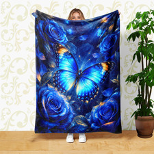 Blue Butterfly Coral Fleece Blanket Roses And Leaves Floral Art