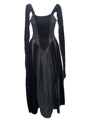 Schwarzes Mittelalter Crushed Samt Schlagärmel Kostüm Kleid Renaissance