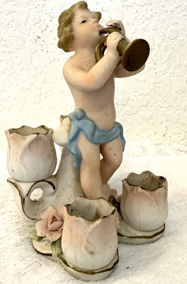 Bisque Angelic Little Boy Playing French Horn Taper Candle holder Figurine