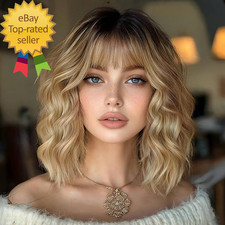 Ombre Blonde Wigs with Bangs Blond Wig for Women 14Inch Short Wavy Wigs