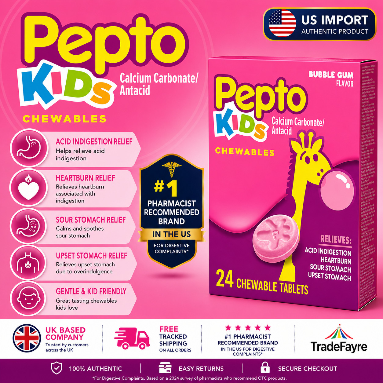 Pepto Kids Antacid Chewable 24 Tablets Upset Stomach - Expiry 10/2027