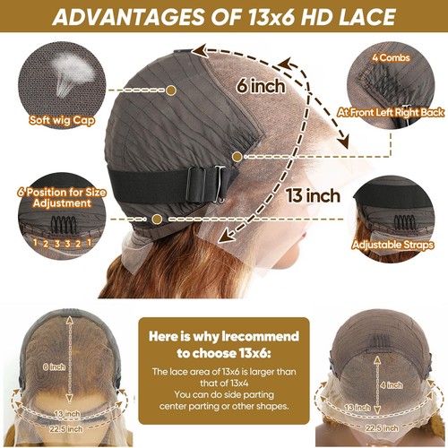 Ombre Lace Front Wig Human Hair - 13x6 HD Body Wave Highlight Lace Frontal Wi... - Picture 3 of 6