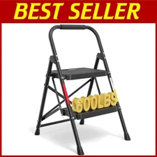 Folding Step Stool with Handrail, 600lbs Capacity, Black