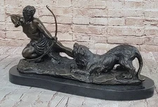 Large Size Bronze Statue Nude Warrior Man Fighting Lion Sculpture Art Deco SALE