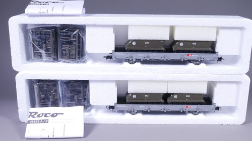 H0 DC Roco 45953 Rungenwagen-Set SBB mit Schützenpanzern M113 in OVP #US_22 | Condition: Gebraucht