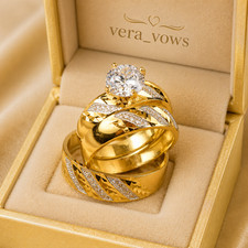 His/Her 2.Ct Trio Ring 14K Yellow Gold Plated Moissanite Attractive Round Set